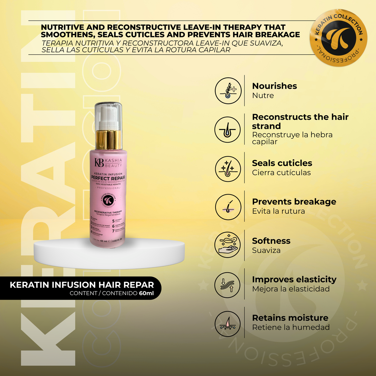 Tratamiento reparador capilar con infusión de queratina 60ml por Kashia Beauty
